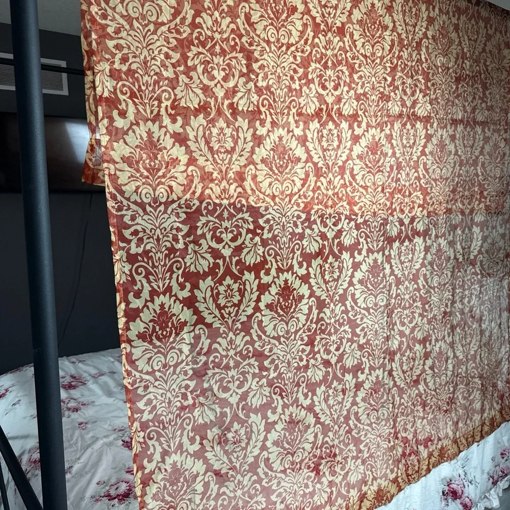 Waverly Damask Sheer Curtain Panel Red Floral Cottagecore Farmhouse French